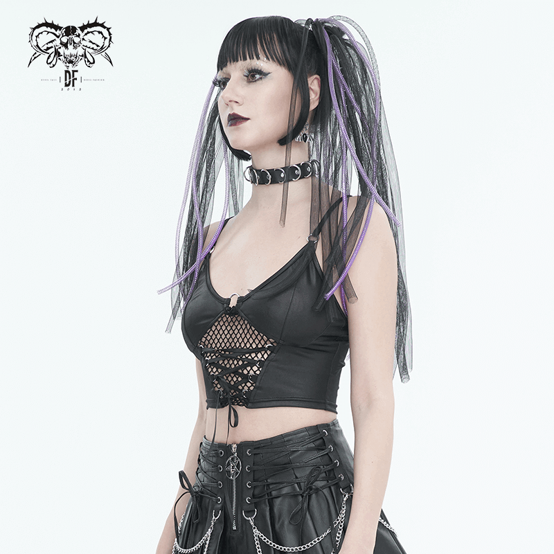Women's Grunge Crop Top with Lace-up And Net Front