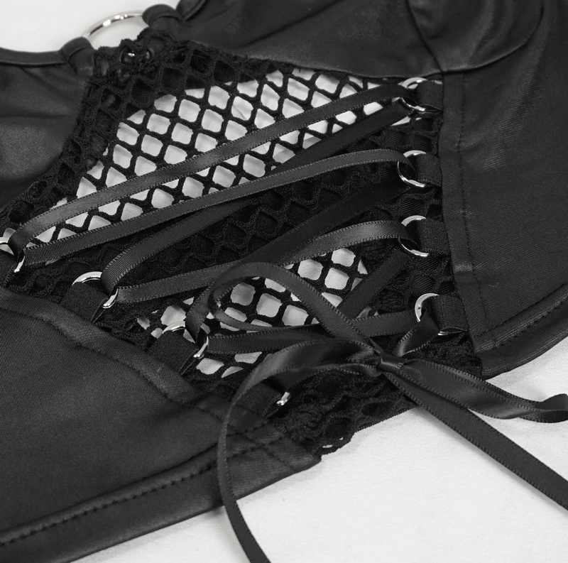 Women's Grunge Crop Top with Lace-up And Net Front
