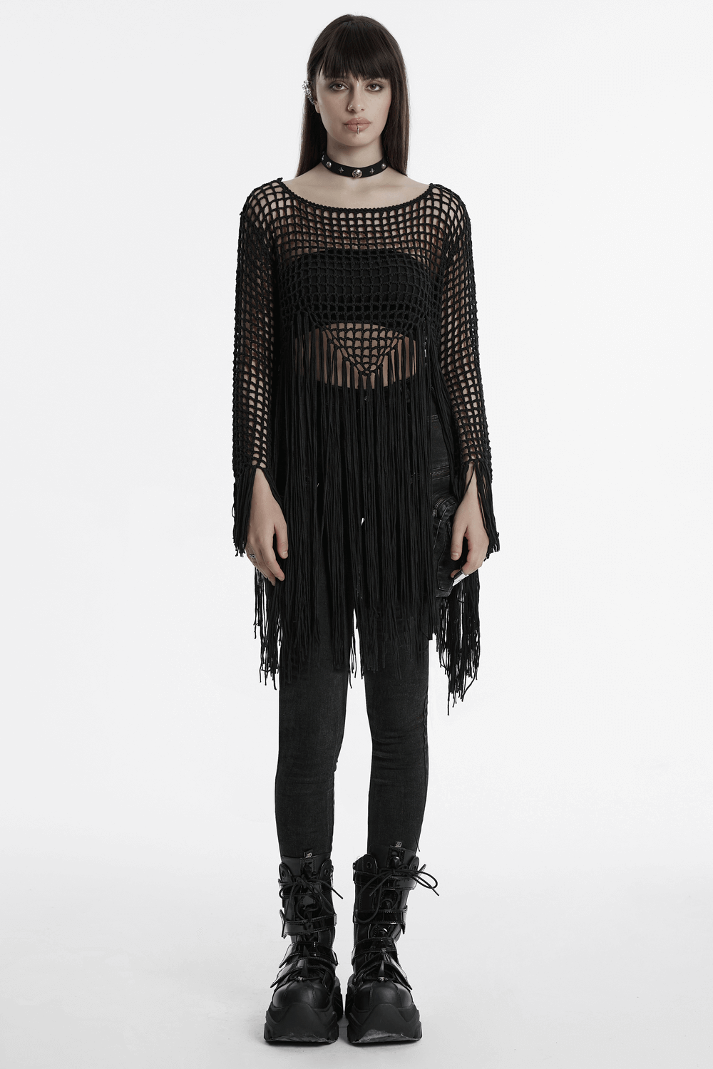 Women's Hollow Out Knit Sweater with Tassel Details