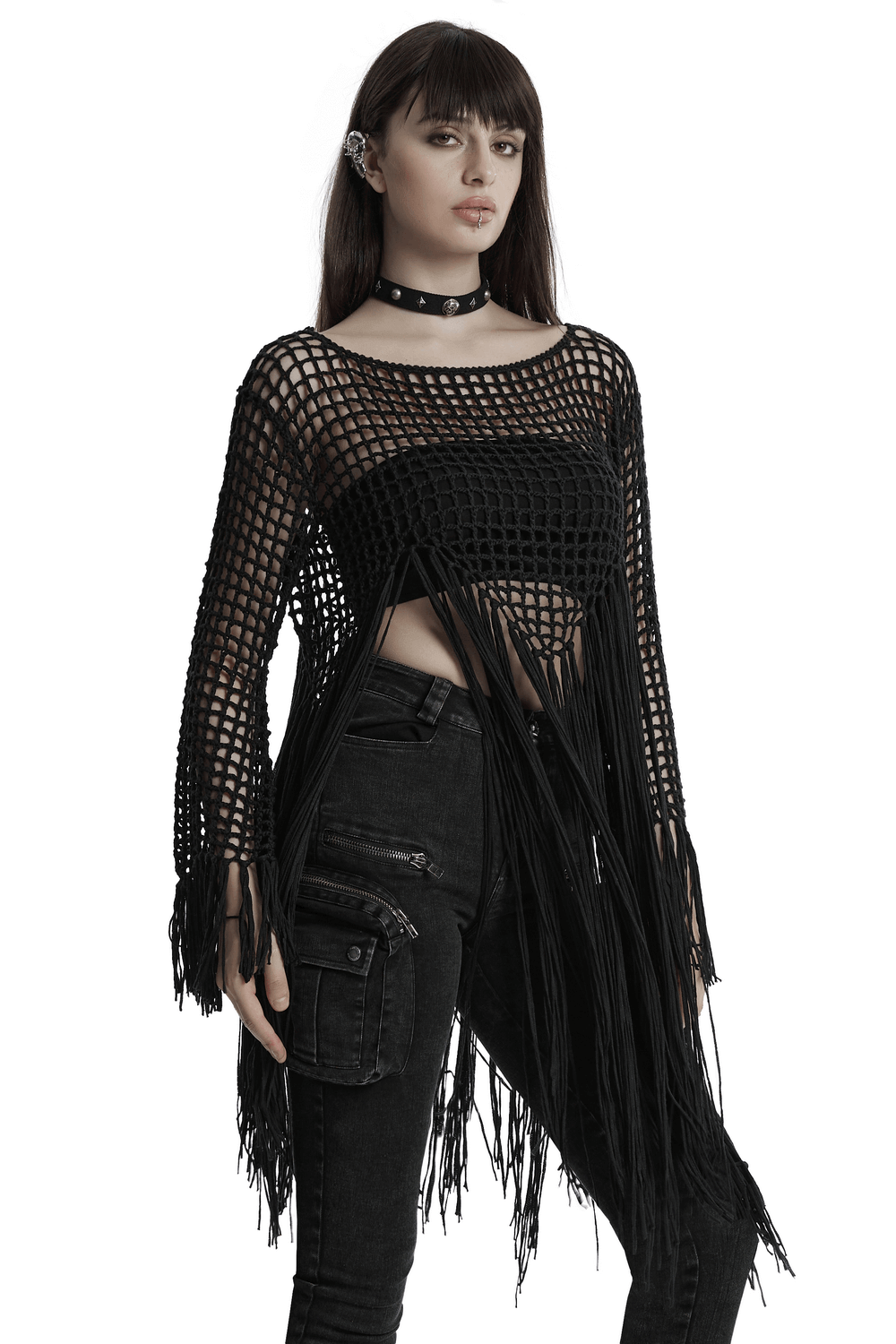 Women's Hollow Out Knit Sweater with Tassel Details