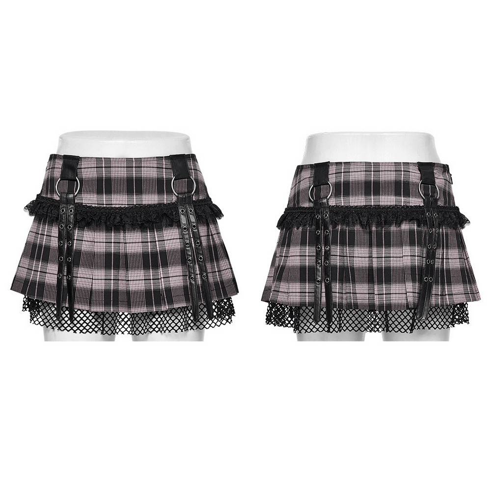 Women's Plaid Mini Skirt with Fishnet Layered Panel