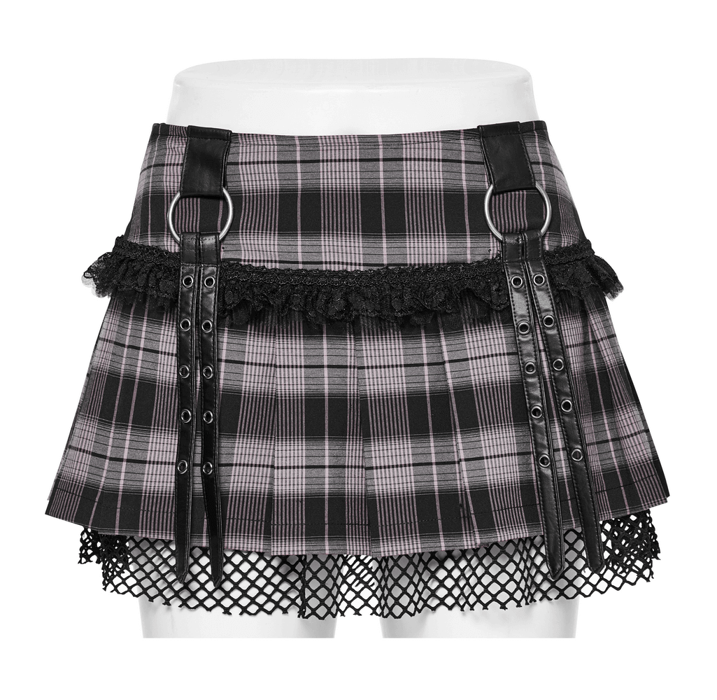 Women's Plaid Mini Skirt with Fishnet Layered Panel