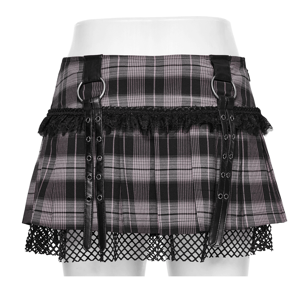 Women's Plaid Mini Skirt with Fishnet Layered Panel