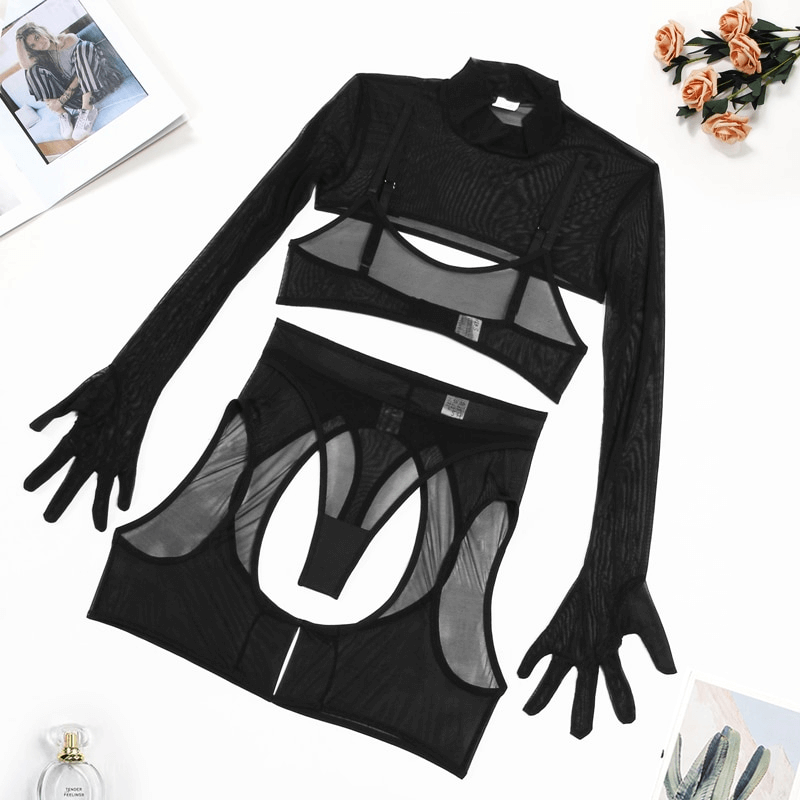 Women's Sensual Set of Black Sheer Cut-Out Lingerie / Crop Top with Gloves / Sexy Outfits - EVE's SECRETS