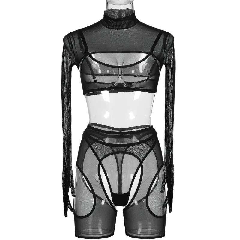 Women's Sensual Set of Black Sheer Cut-Out Lingerie / Crop Top with Gloves / Sexy Outfits - EVE's SECRETS