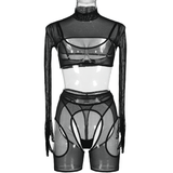 Women's Sensual Set of Black Sheer Cut-Out Lingerie / Crop Top with Gloves / Sexy Outfits - EVE's SECRETS