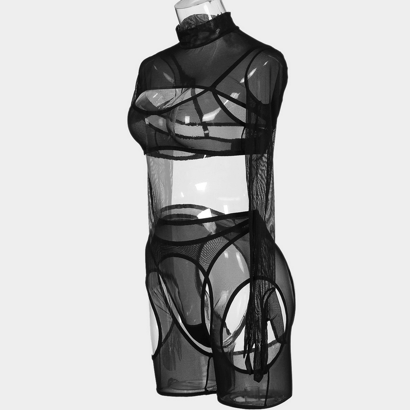 Women's Sensual Set of Black Sheer Cut-Out Lingerie / Crop Top with Gloves / Sexy Outfits - EVE's SECRETS