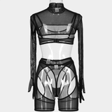 Women's Sensual Set of Black Sheer Cut-Out Lingerie / Crop Top with Gloves / Sexy Outfits - EVE's SECRETS