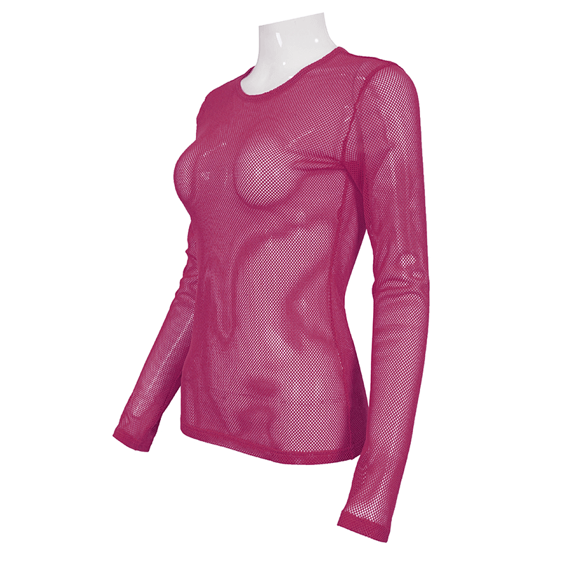 Women's Soft Stretchy Pink Mesh Top with Long Sleeves