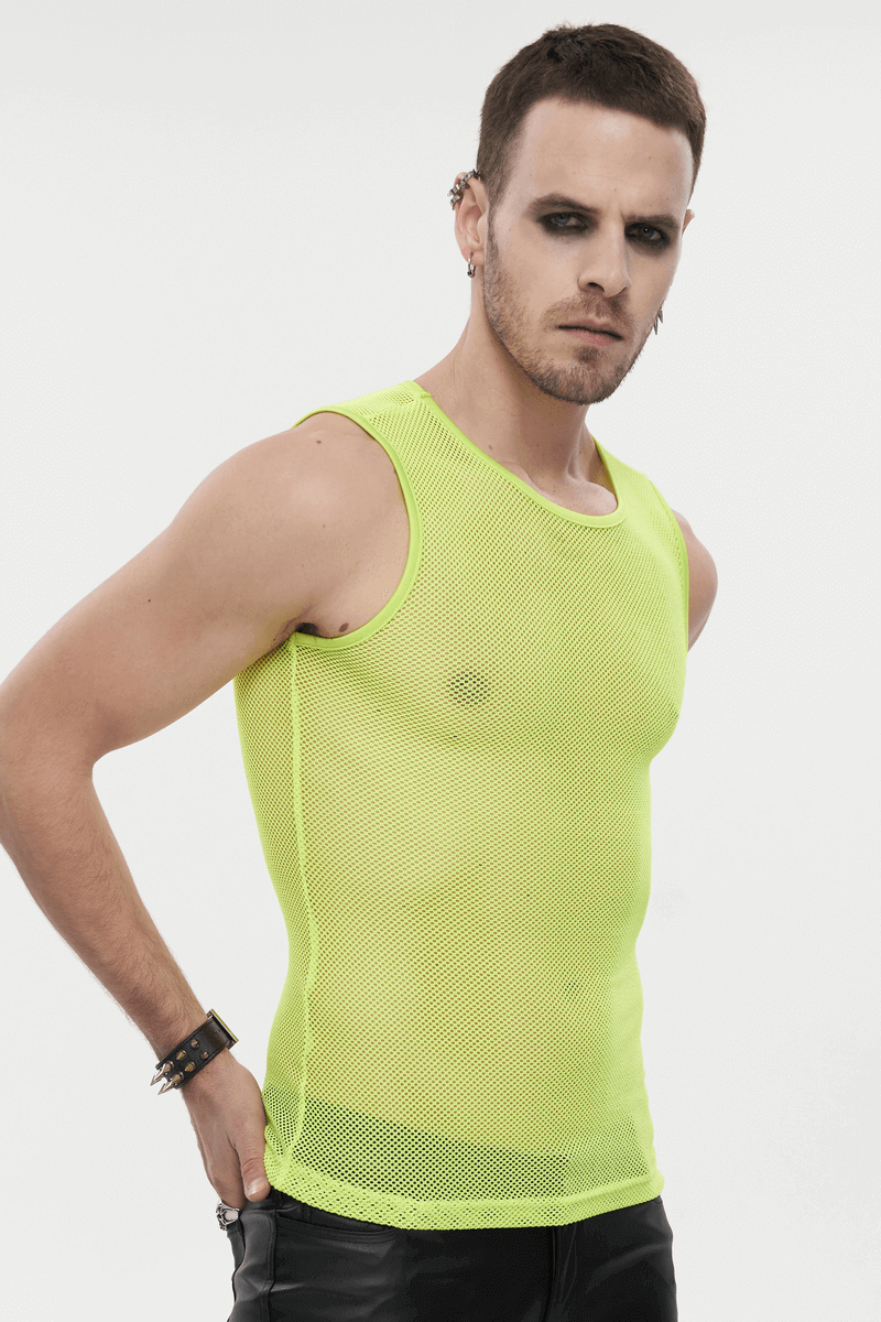 Yellow Men's Sleeveless Mesh Tank: Punk Round Neck Top