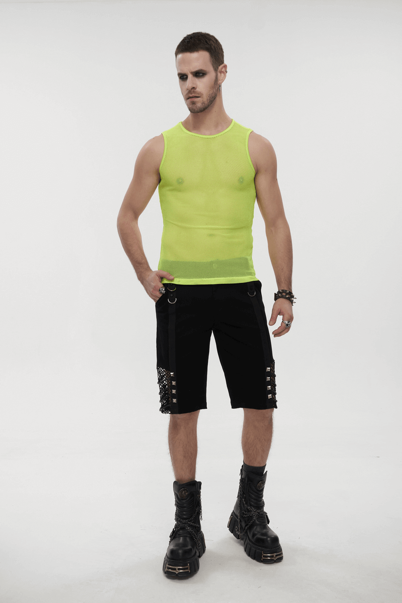 Yellow Men's Sleeveless Mesh Tank: Punk Round Neck Top