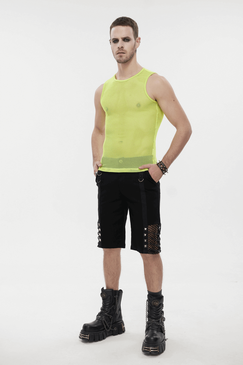 Yellow Men's Sleeveless Mesh Tank: Punk Round Neck Top