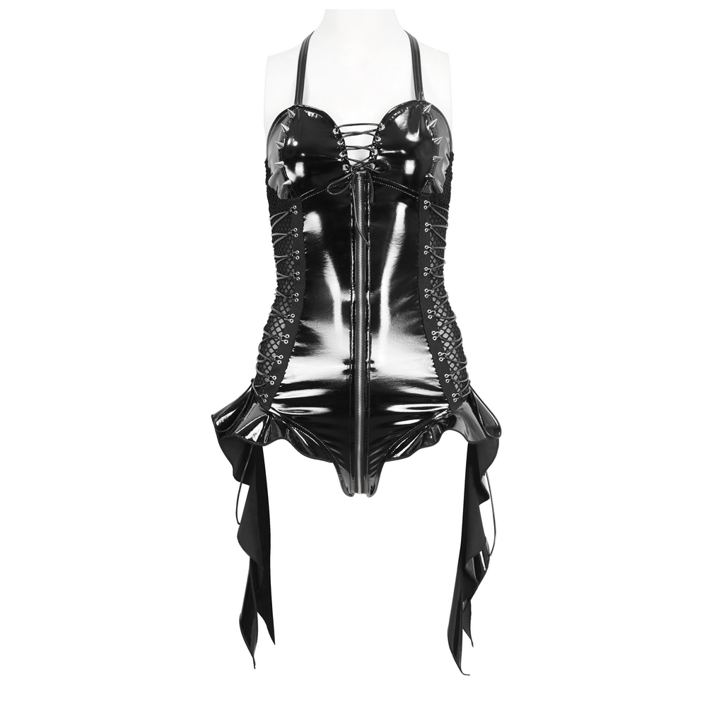 Zip-Front Bodysuit in Sleek Black Vinyl with Lace-Up Detail