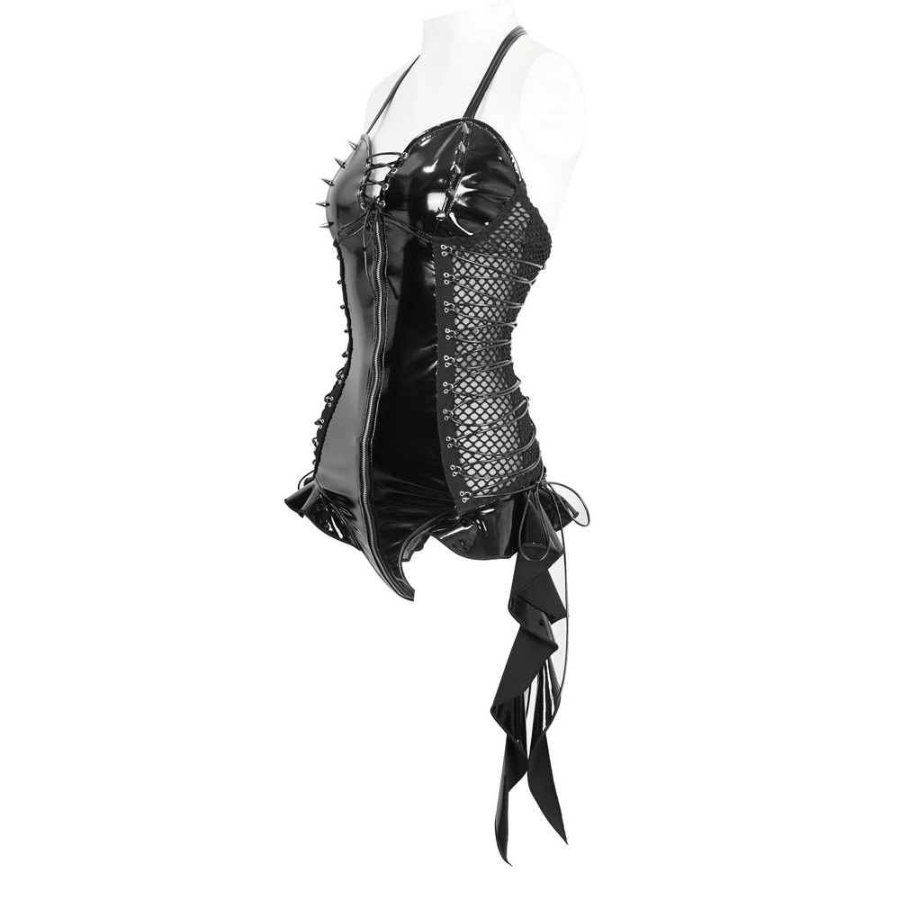 Zip-Front Bodysuit in Sleek Black Vinyl with Lace-Up Detail