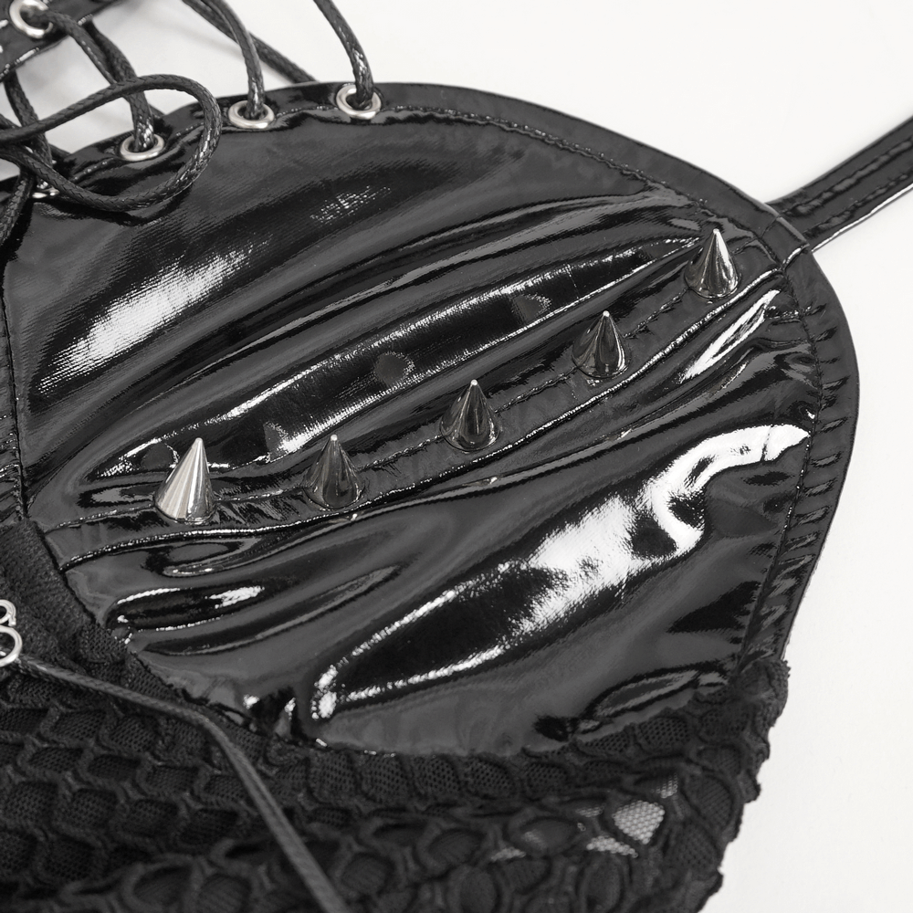 Zip-Front Bodysuit in Sleek Black Vinyl with Lace-Up Detail