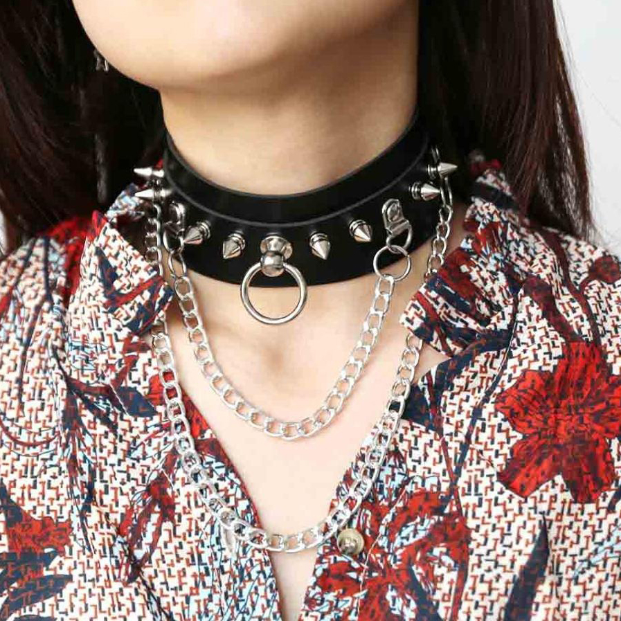 Adjustable Studded Choker with Two Chains / Sexy BDSM Collars - EVE's SECRETS