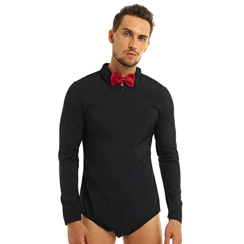 Adult Men's Modern Slim Fit Dancewear / Bodysuit Shirt with Bowtie Turn-down Collar and Front Zipper - EVE's SECRETS