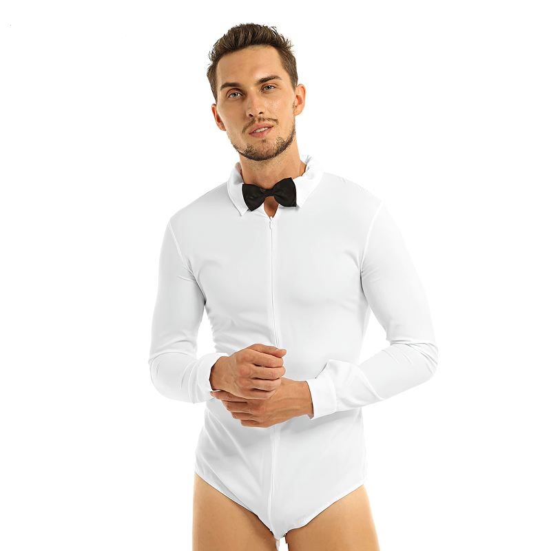 Adult Men's Modern Slim Fit Dancewear / Bodysuit Shirt with Bowtie Turn-down Collar and Front Zipper - EVE's SECRETS