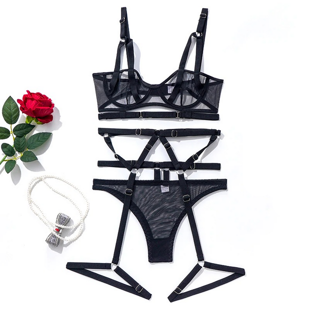 Bandage Transparent Erotic Underwear of 3 Piece / Women's Intimate Set of Bra, Briefs & Garters - EVE's SECRETS