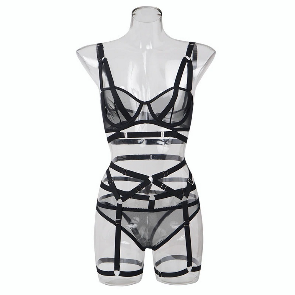Bandage Transparent Erotic Underwear of 3 Piece / Women's Intimate Set of Bra, Briefs & Garters - EVE's SECRETS