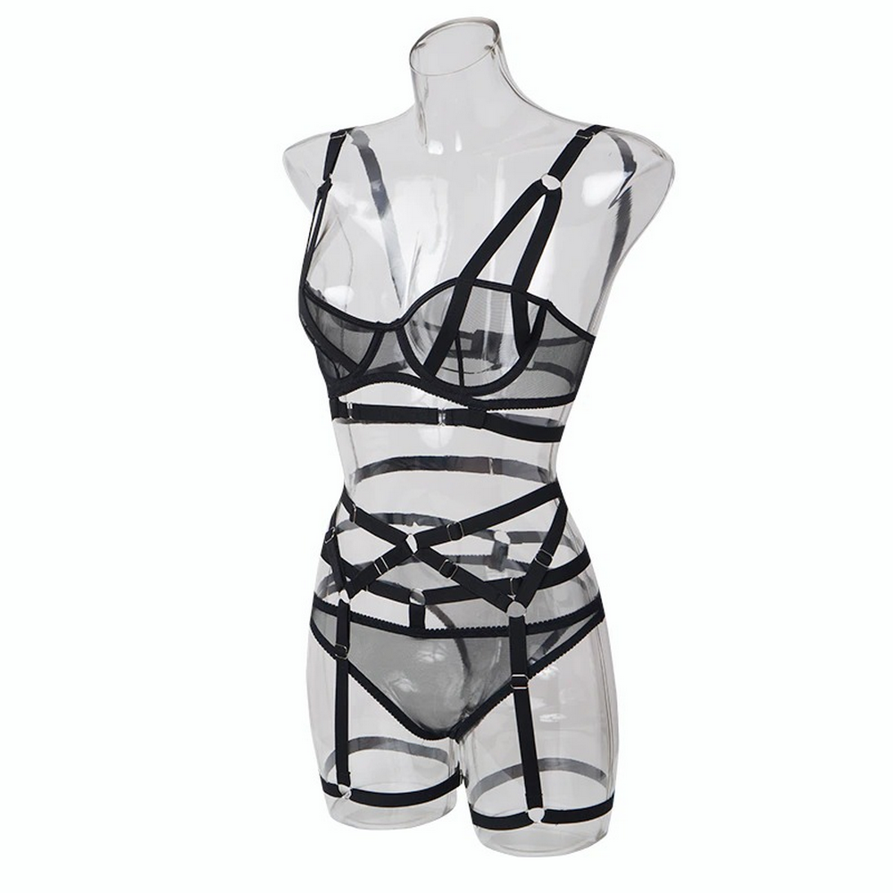 Bandage Transparent Erotic Underwear of 3 Piece / Women's Intimate Set of Bra, Briefs & Garters - EVE's SECRETS