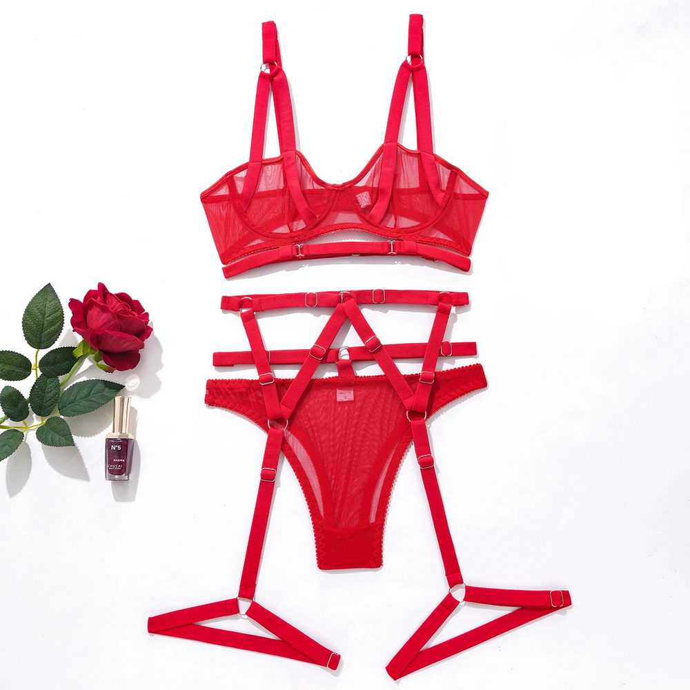 Bandage Transparent Erotic Underwear of 3 Piece / Women's Intimate Set of Bra, Briefs & Garters - EVE's SECRETS