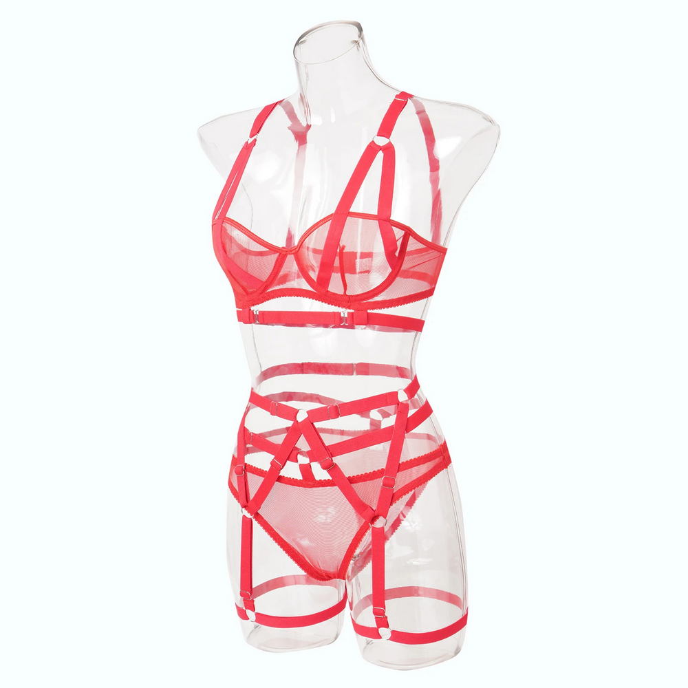 Bandage Transparent Erotic Underwear of 3 Piece / Women's Intimate Set of Bra, Briefs & Garters - EVE's SECRETS
