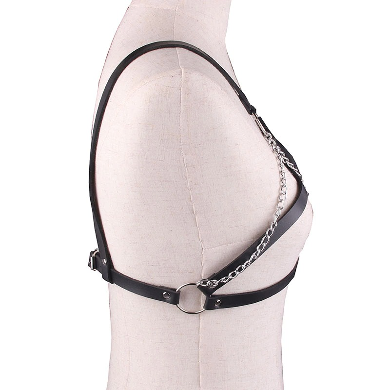 BDSM Leather Body Harness with Metal Chain / Women Bra Top Chest Chain Belt Accessory - EVE's SECRETS