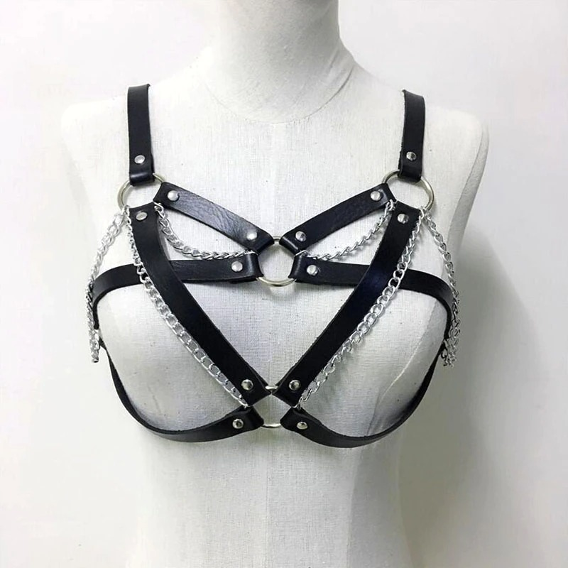 BDSM Leather Body Harness with Metal Chain / Women Bra Top Chest Chain Belt Accessory - EVE's SECRETS