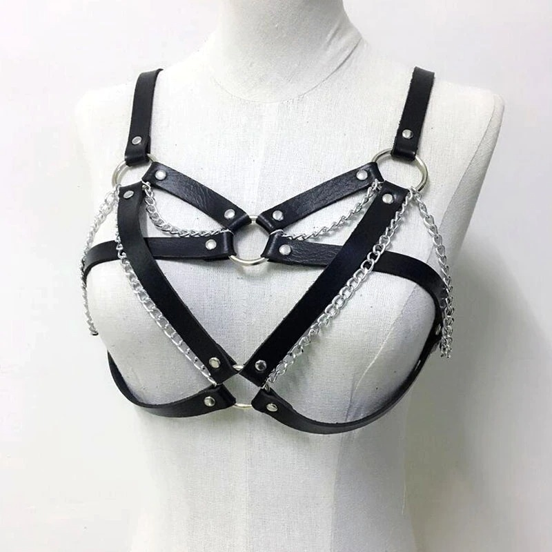 BDSM Leather Body Harness with Metal Chain / Women Bra Top Chest Chain Belt Accessory - EVE's SECRETS