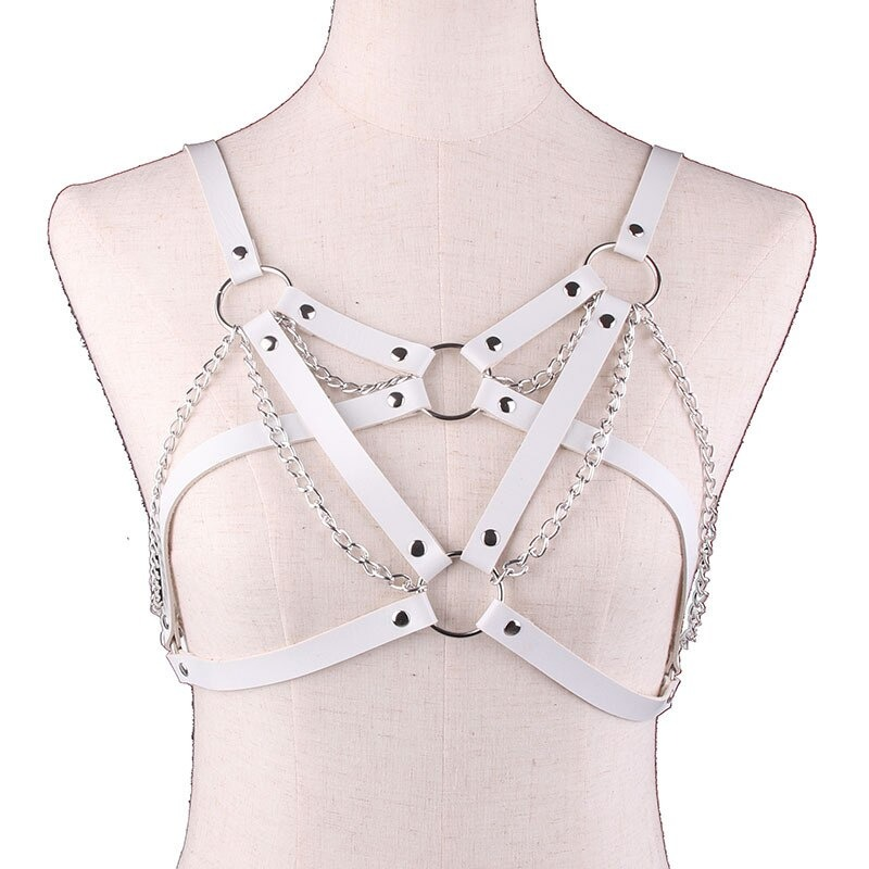 BDSM Leather Body Harness with Metal Chain / Women Bra Top Chest Chain Belt Accessory - EVE's SECRETS