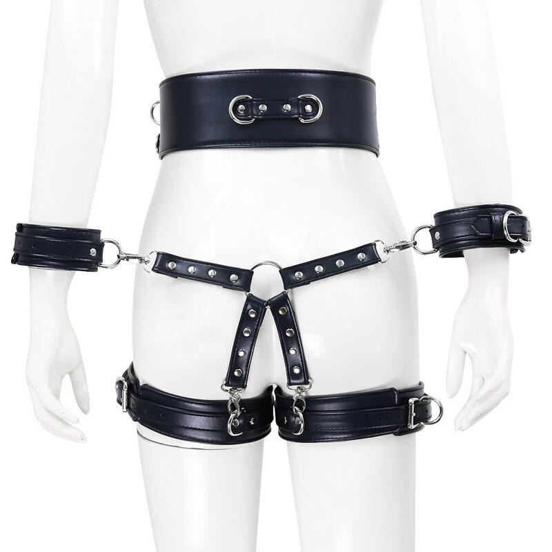 BDSM PU Leather Bondage Set / Handcuffs and Legcuffs with Center Connection and Belt - EVE's SECRETS