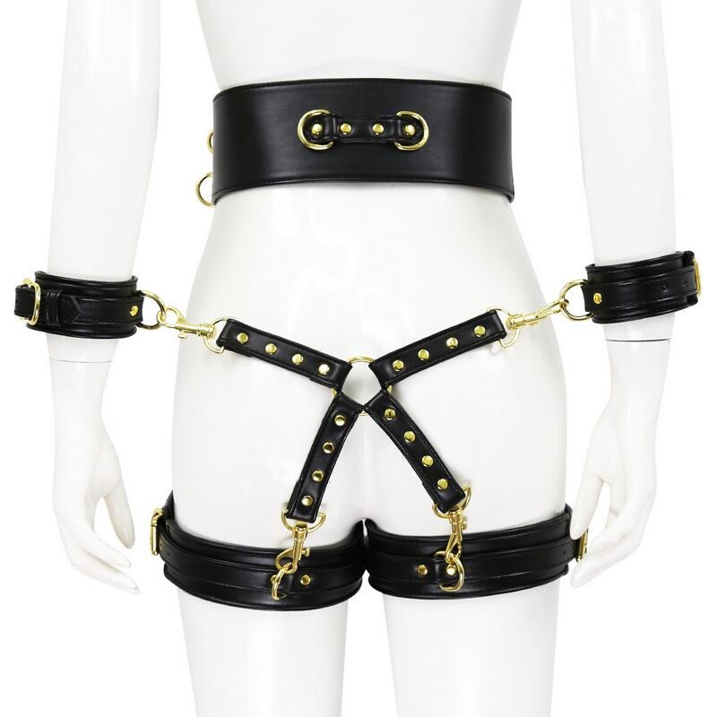 BDSM PU Leather Bondage Set / Handcuffs and Legcuffs with Center Connection and Belt - EVE's SECRETS