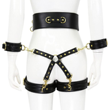 Ensemble de bondage en cuir PU BDSM / Menottes et menottes avec connexion centrale et ceinture