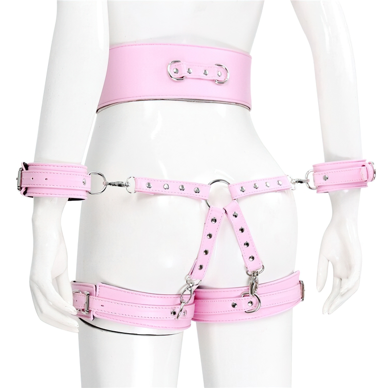 BDSM PU Leather Bondage Set / Handcuffs and Legcuffs with Center Connection and Belt - EVE's SECRETS