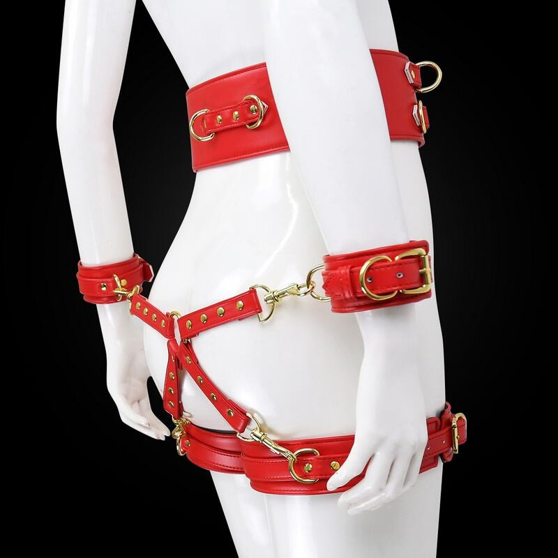 BDSM PU Leather Bondage Set / Handcuffs and Legcuffs with Center Connection and Belt - EVE's SECRETS