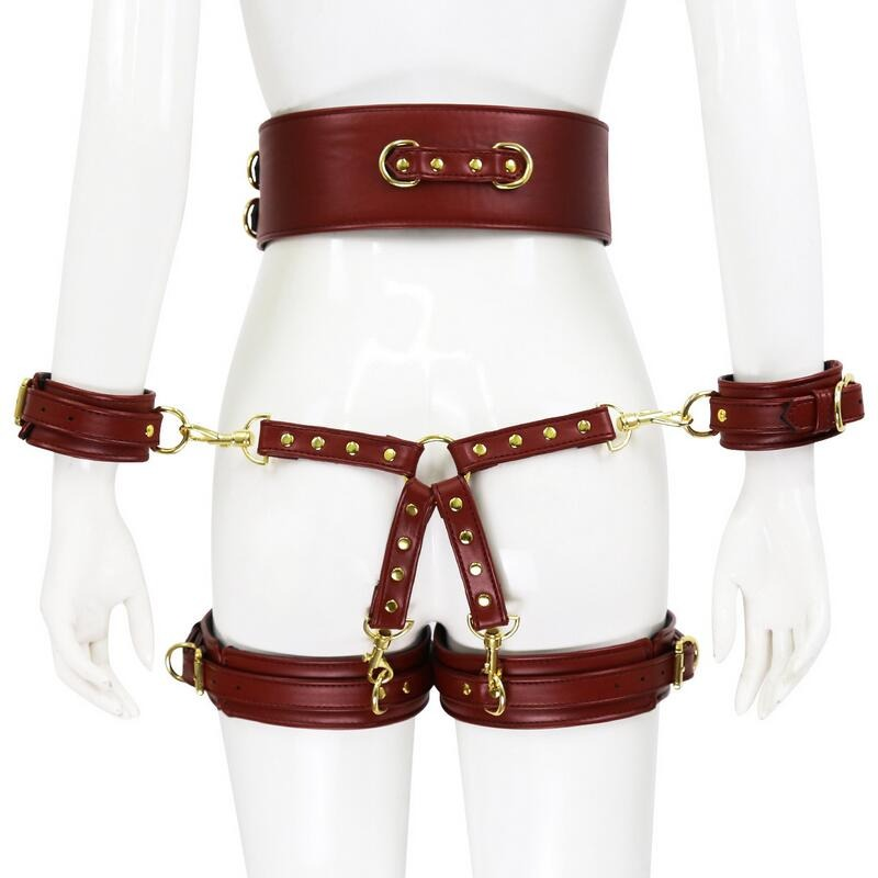 BDSM PU Leather Bondage Set / Handcuffs and Legcuffs with Center Connection and Belt - EVE's SECRETS