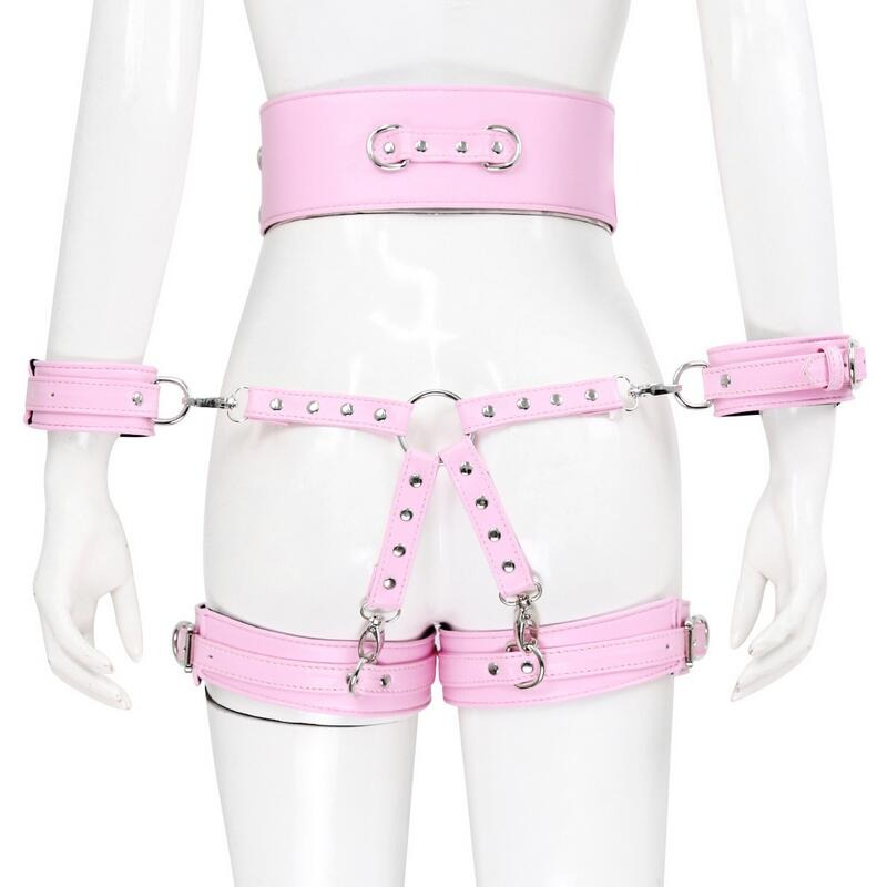 BDSM PU Leather Bondage Set / Handcuffs and Legcuffs with Center Connection and Belt - EVE's SECRETS
