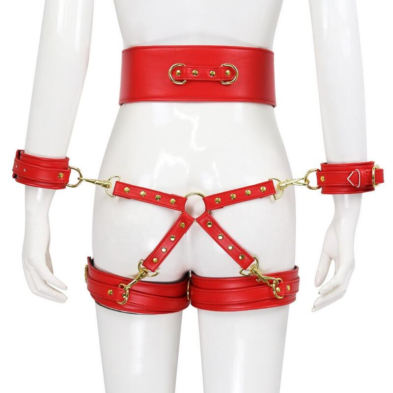 BDSM PU Leather Bondage Set / Handcuffs and Legcuffs with Center Connection and Belt - EVE's SECRETS