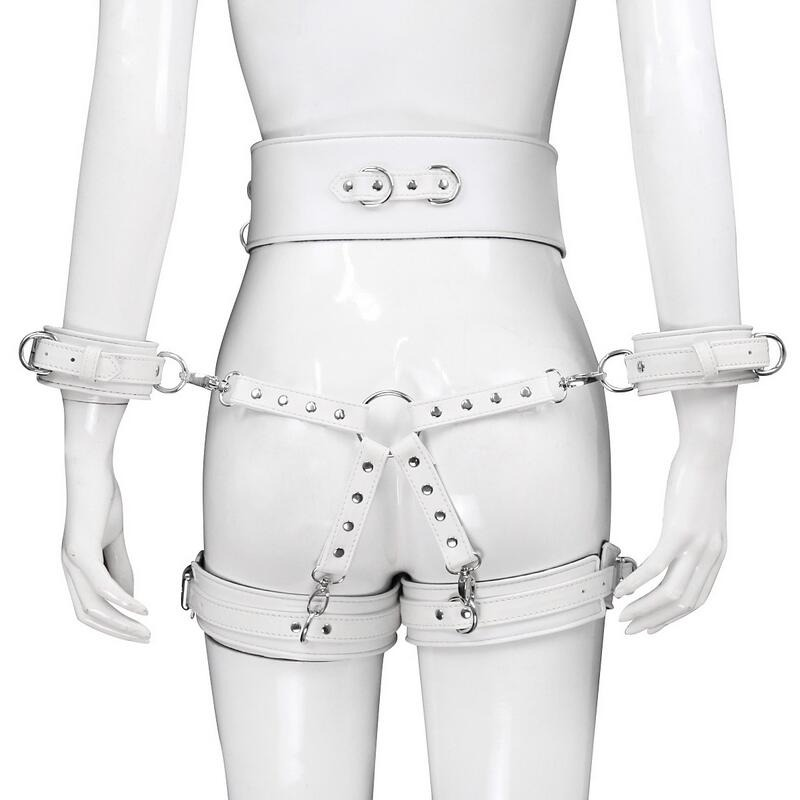 BDSM PU Leather Bondage Set / Handcuffs and Legcuffs with Center Connection and Belt - EVE's SECRETS