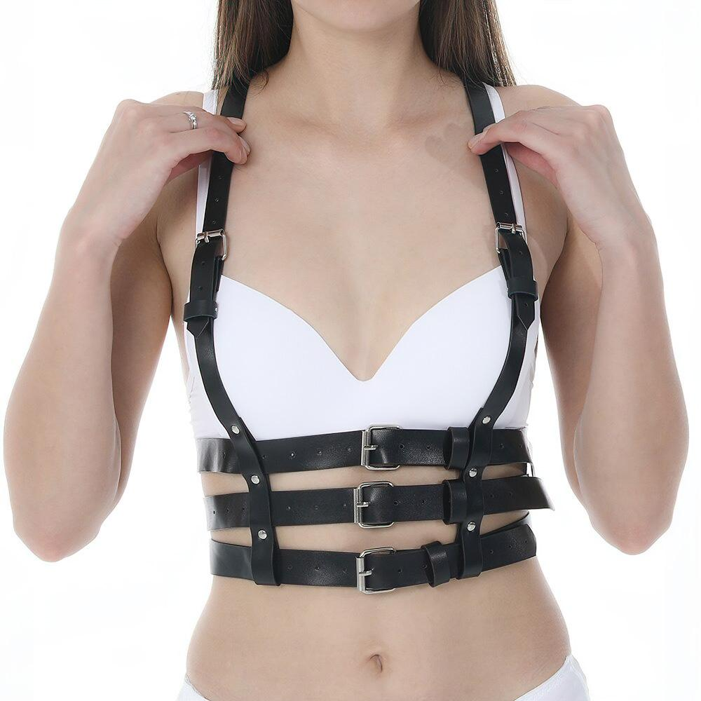 Black and Red Bondage Harness Fashion / Faux Leather Crop Chest Straps / BDSM Bra Body Cage - EVE's SECRETS