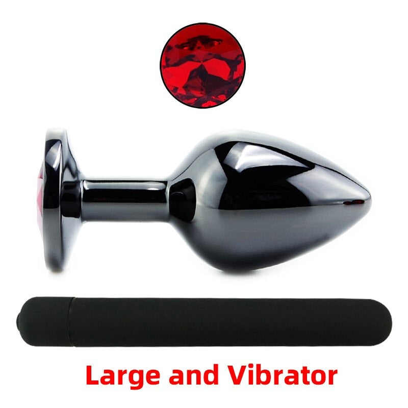 Black Gun Metal Round Red Crystal Huge Anal Plug / Prostate Massage for Men and Women - EVE's SECRETS