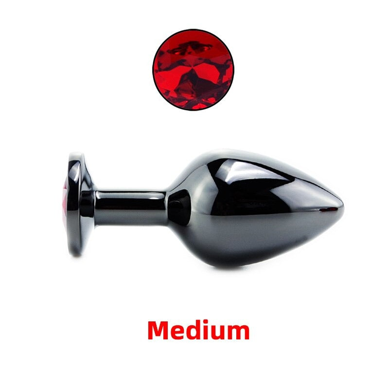 Black Gun Metal Round Red Crystal Huge Anal Plug / Prostate Massage for Men and Women - EVE's SECRETS