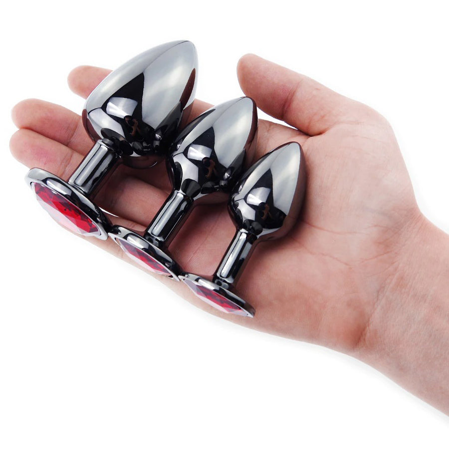 Black Gun Metal Round Red Crystal Huge Anal Plug / Prostate Massage for Men and Women - EVE's SECRETS