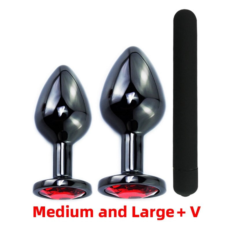 Black Gun Metal Round Red Crystal Huge Anal Plug / Prostate Massage for Men and Women - EVE's SECRETS