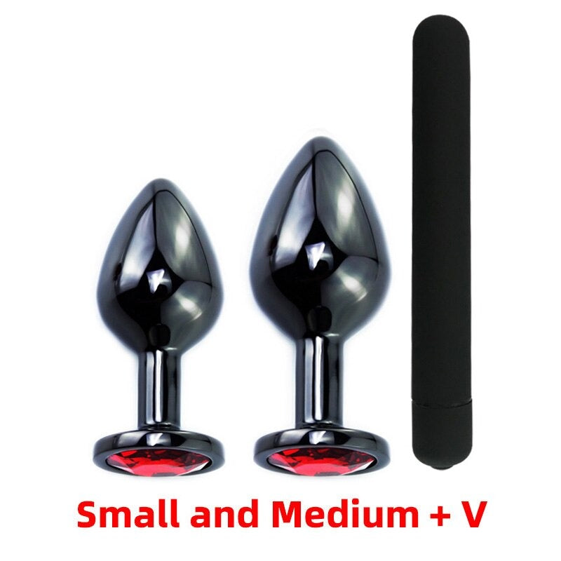 Black Gun Metal Round Red Crystal Huge Anal Plug / Prostate Massage for Men and Women - EVE's SECRETS