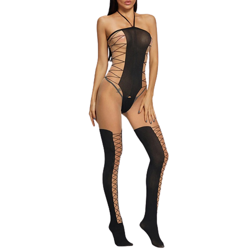 Black Nylon Bodysuit with Open Crotch / Ladies Bodystocking / Female Mesh Underwear - EVE's SECRETS