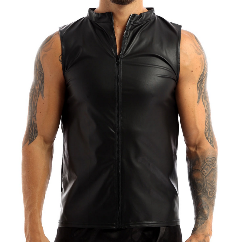 Black Wet Look Faux Leather Tank Top / Round Neck Zipper Vest / Men's Sexy Outfits - EVE's SECRETS