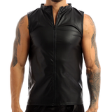 Black Wet Look Faux Leather Tank Top / Round Neck Zipper Vest / Men's Sexy Outfits - EVE's SECRETS