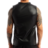 Black Wet Look Faux Leather Tank Top / Round Neck Zipper Vest / Men's Sexy Outfits - EVE's SECRETS